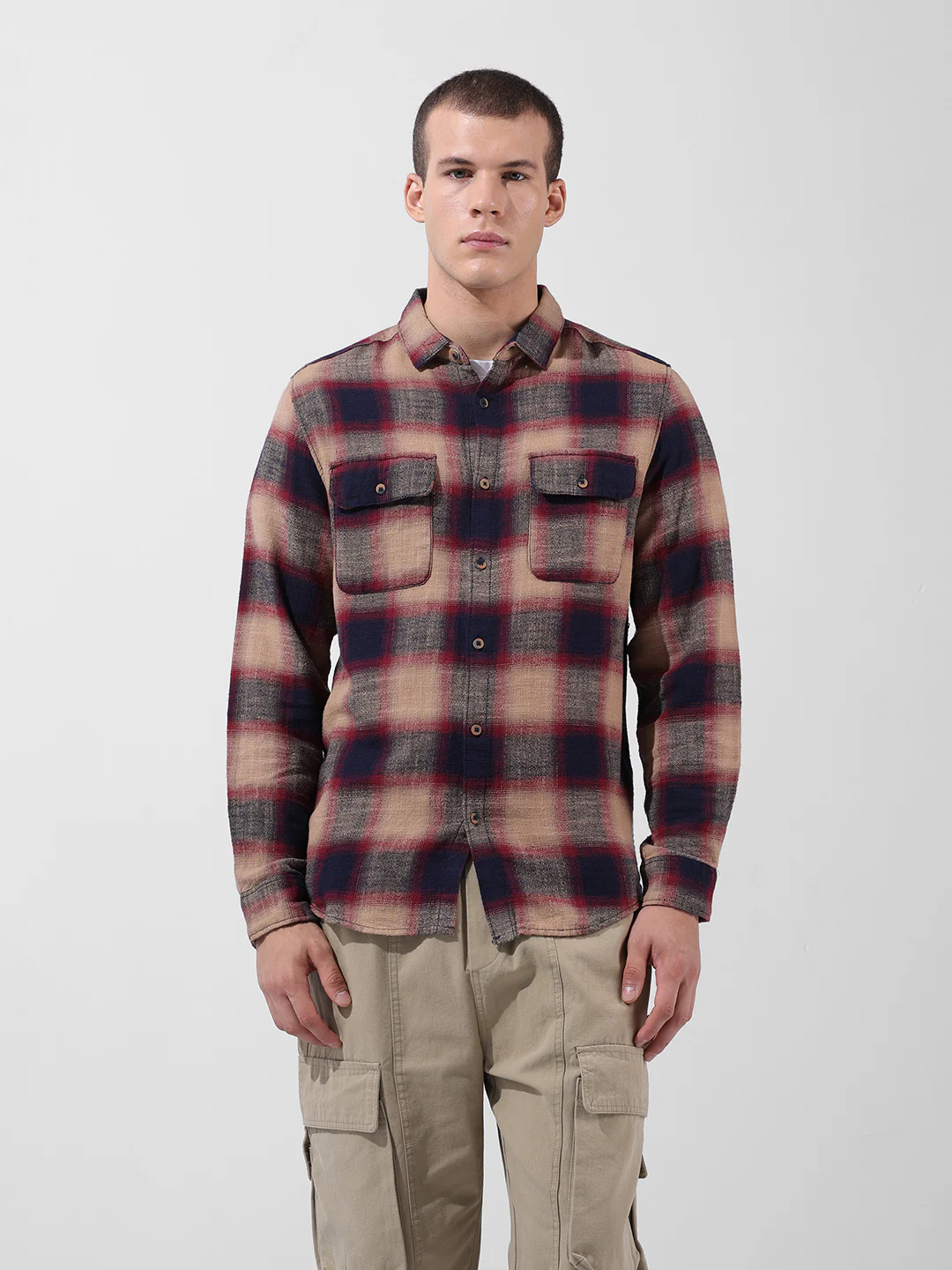 Men's Khaki Slim Fit Checked Casual Shirt - Image 8