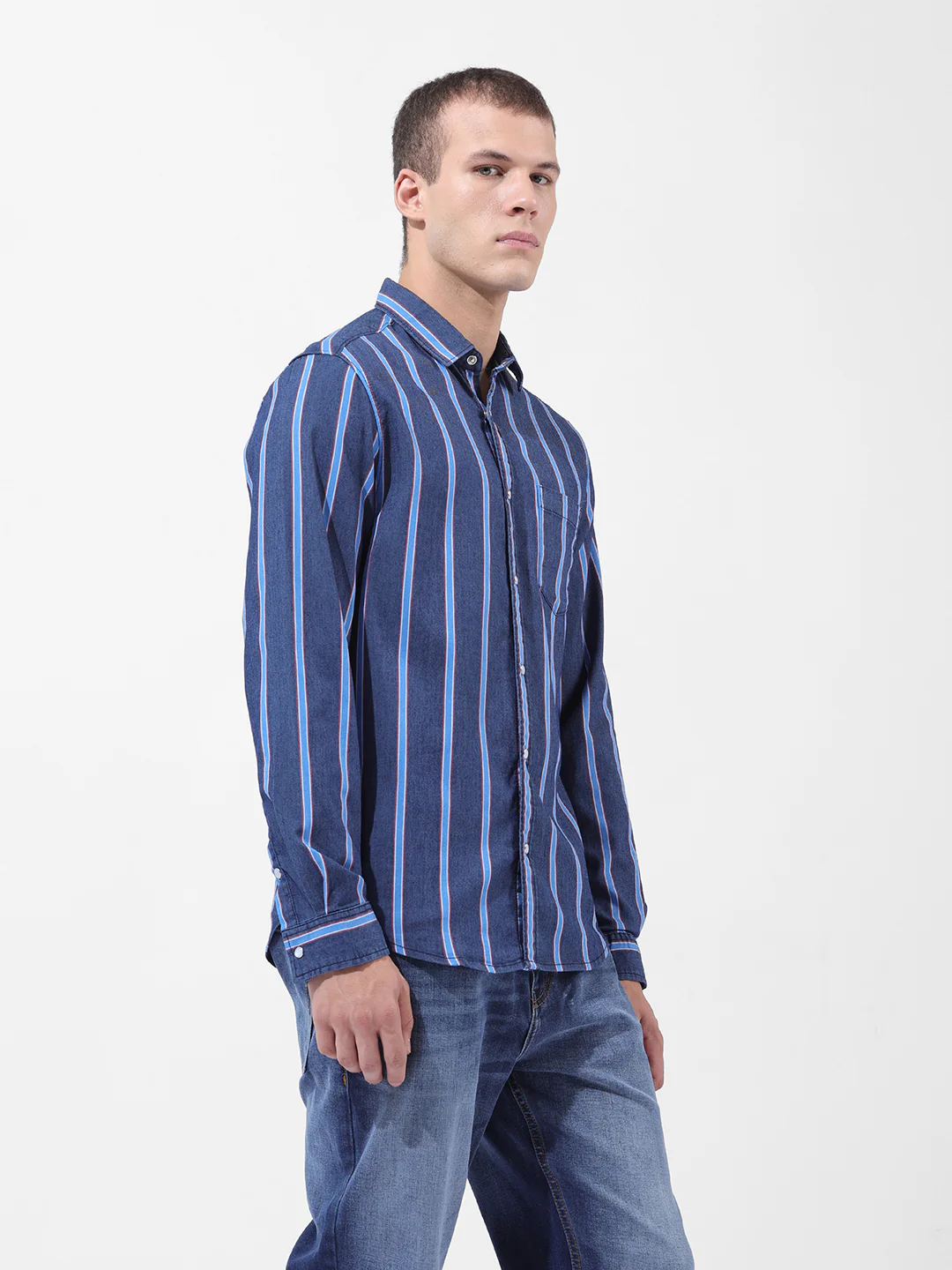 Men's Indigo Slim Fit Striped Striped Shirt - Image 4