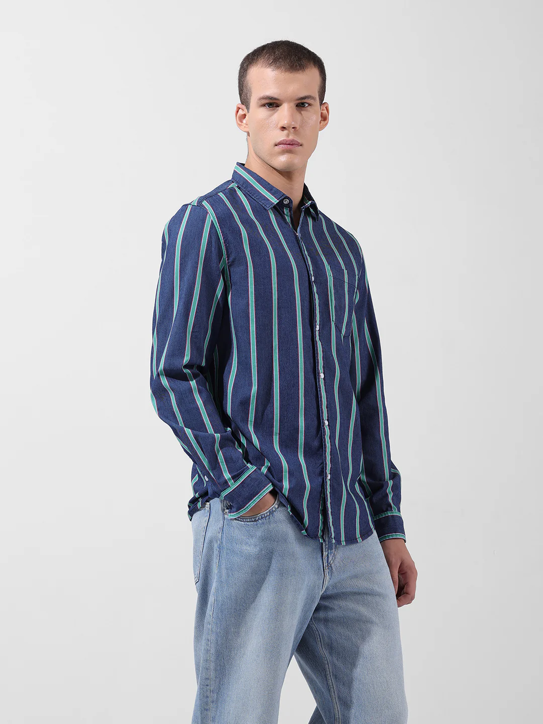 Men's Indigo Slim Fit Striped Striped Shirt - Image 2
