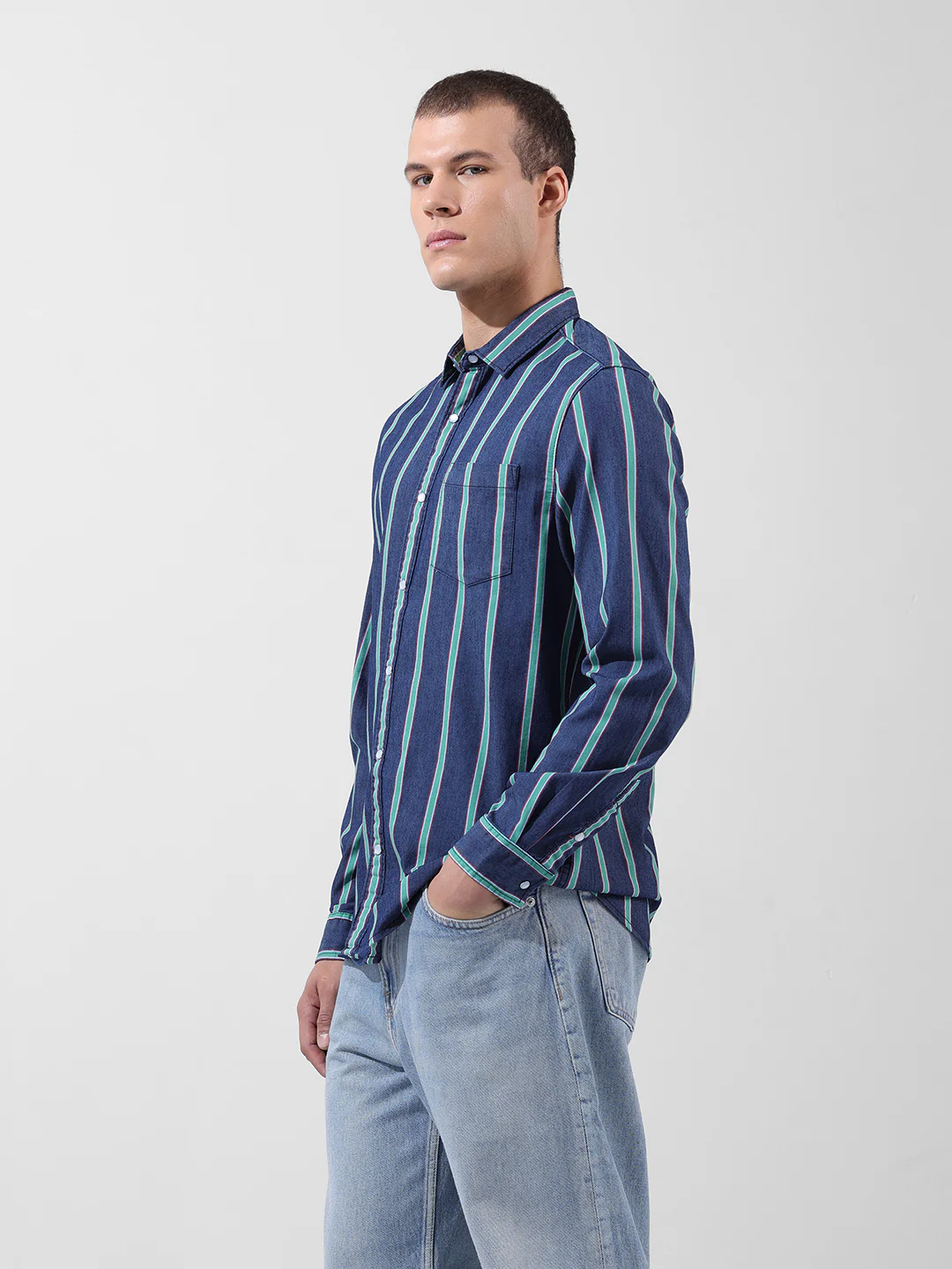 Men's Indigo Slim Fit Striped Striped Shirt - Image 3