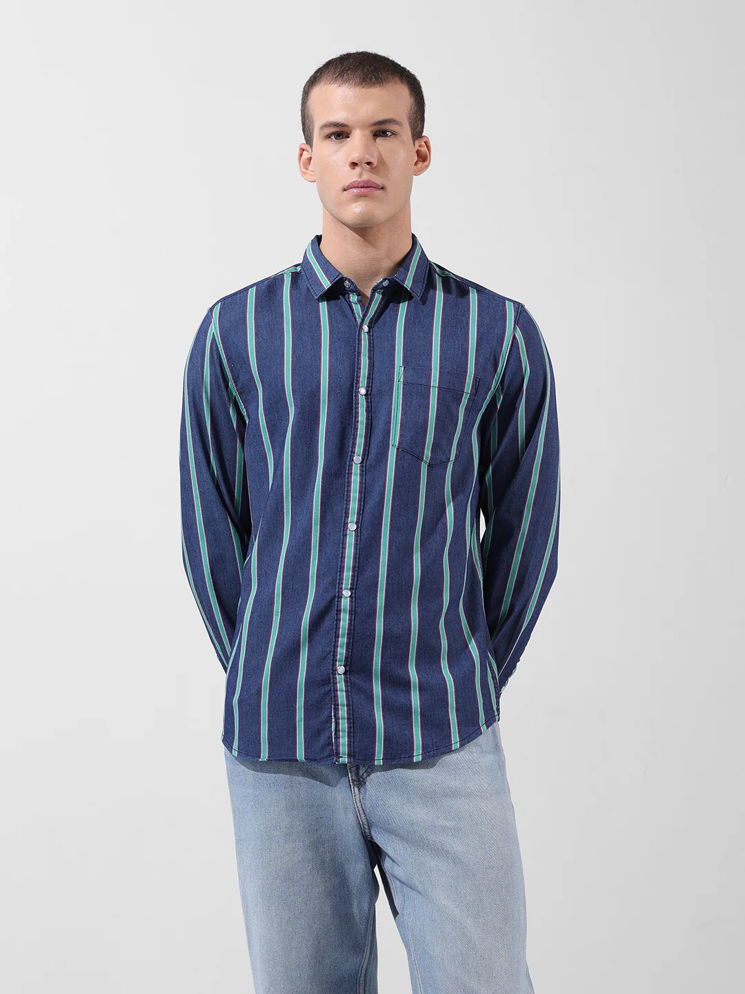 Men's Indigo Slim Fit Striped Striped Shirt - Image 6