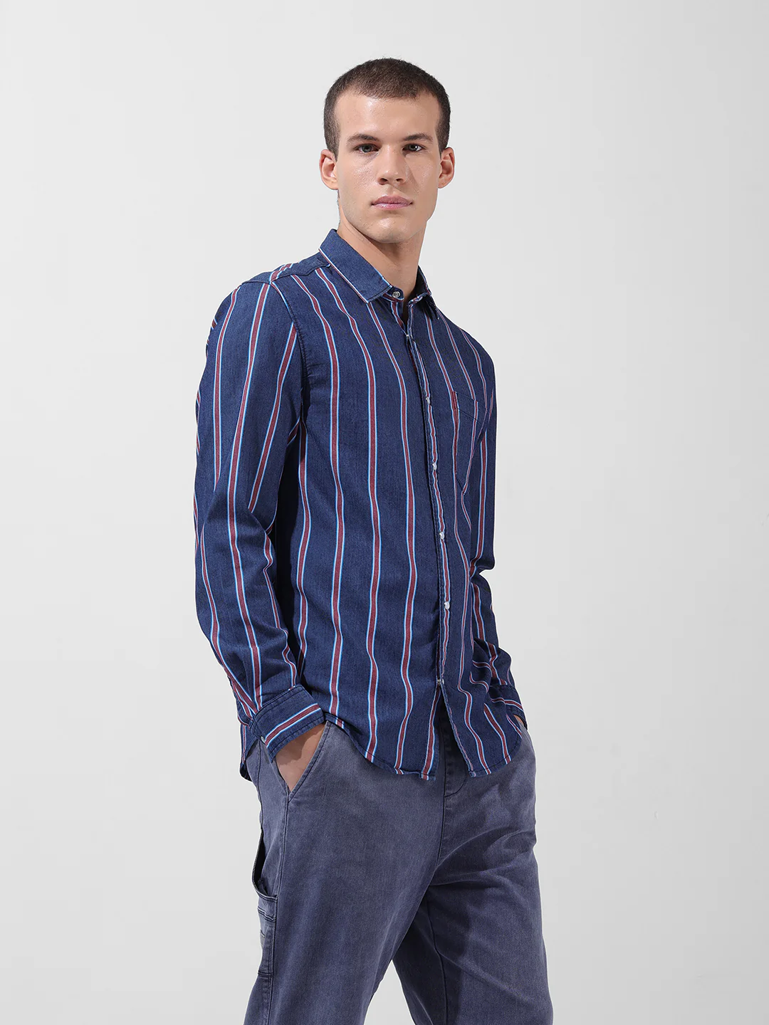 Men's Indigo Slim Fit Striped Striped Shirt - Image 3