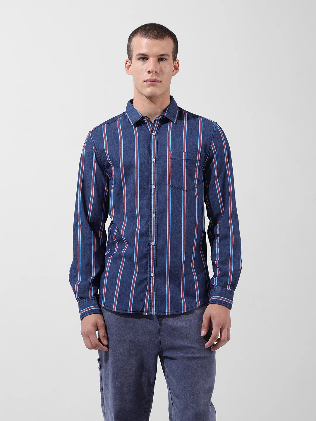 Men's Indigo Slim Fit Striped Striped Shirt - Image 7