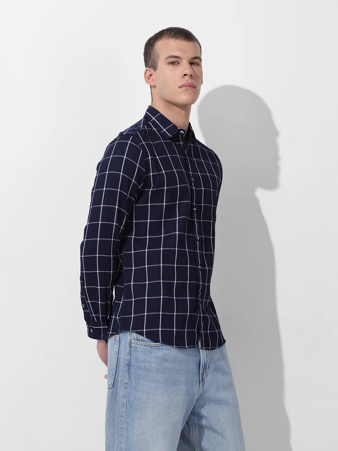 Men's Navy Slim Fit Checked Casual Shirt - Image 2