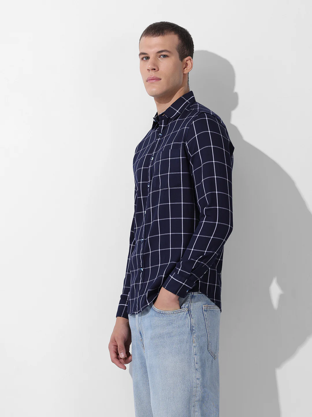 Men's Navy Slim Fit Checked Casual Shirt - Image 3