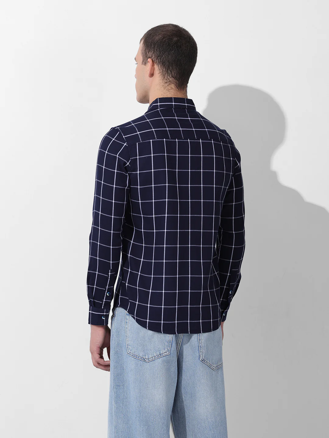 Men's Navy Slim Fit Checked Casual Shirt - Image 4