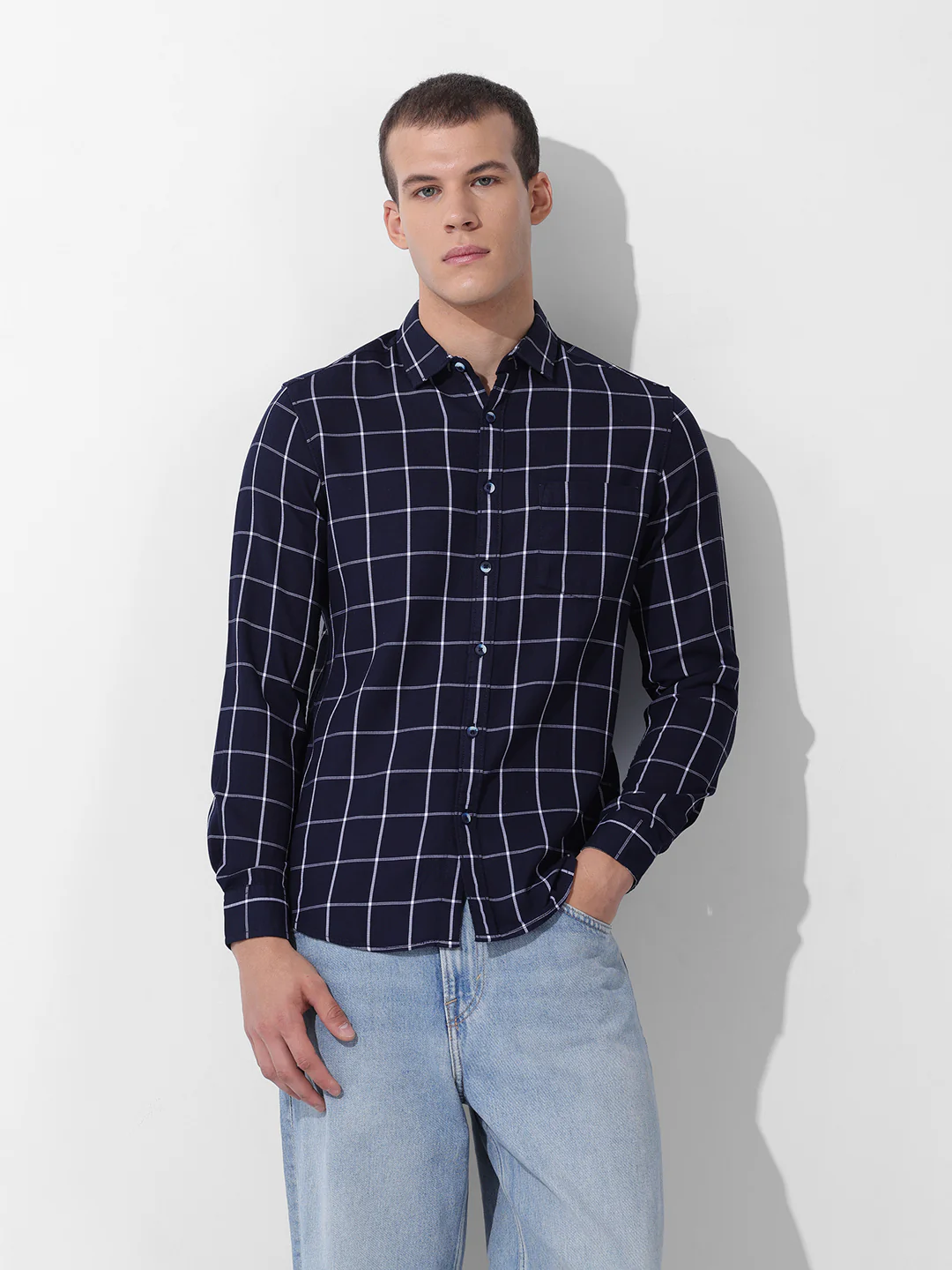 Men's Navy Slim Fit Checked Casual Shirt - Image 7