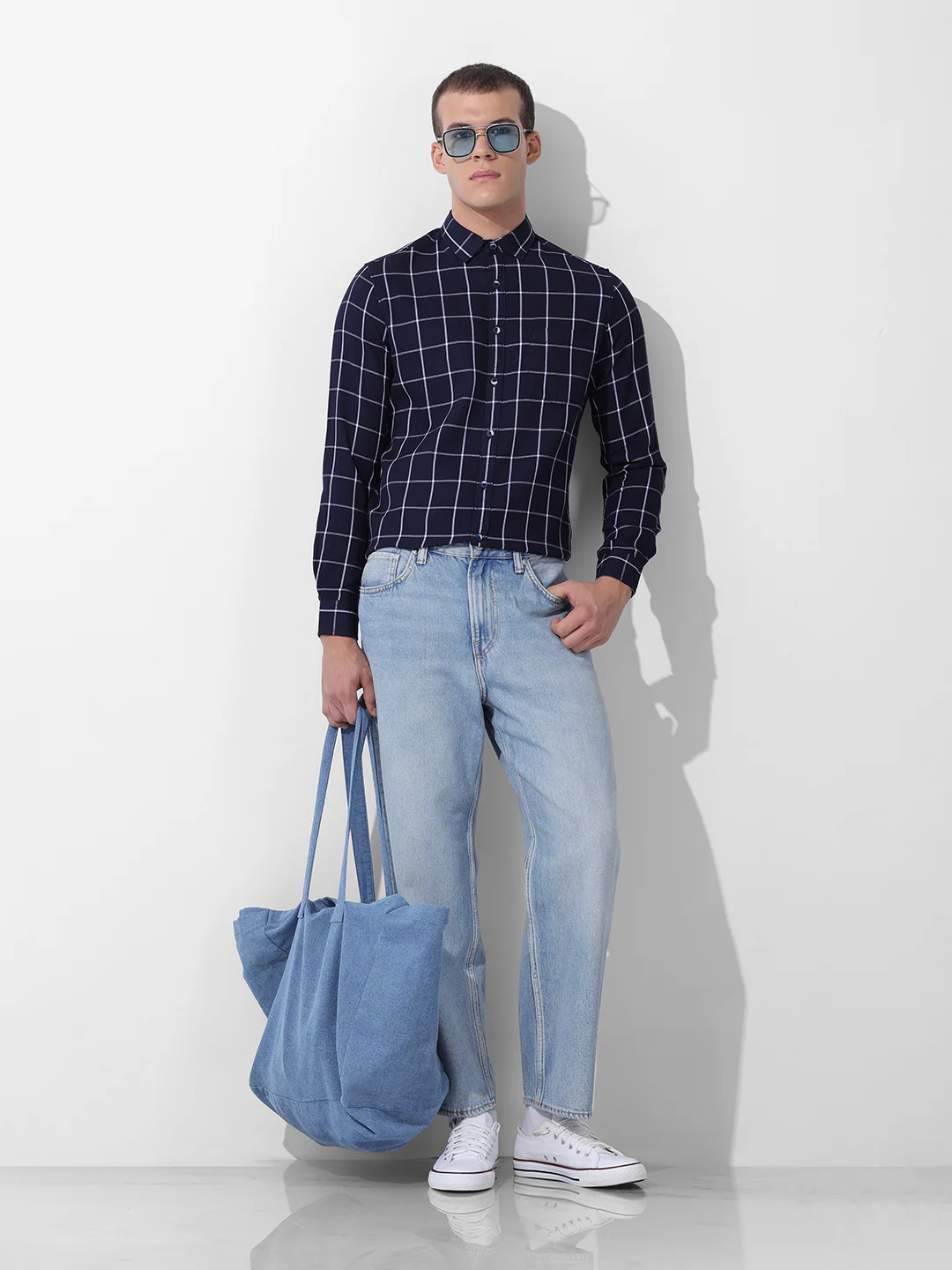 Men's Navy Slim Fit Checked Casual Shirt - Image 8