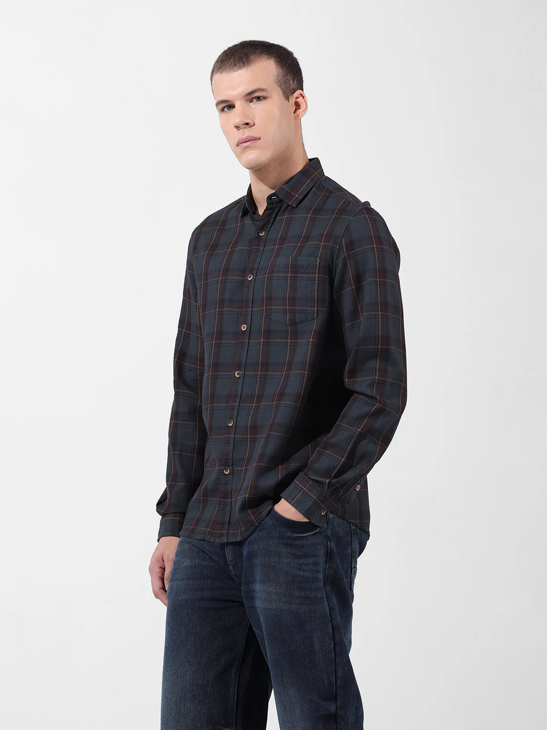 Men's Olive Slim Fit Checked Casual Shirt - Image 3