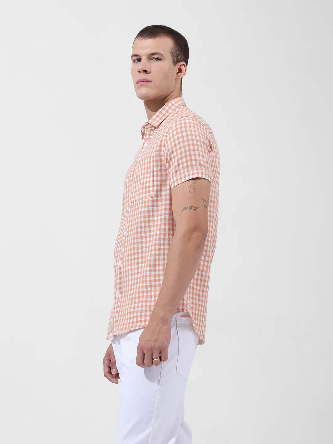 Men's Orange Slim Fit Checked Casual Shirt - Image 2