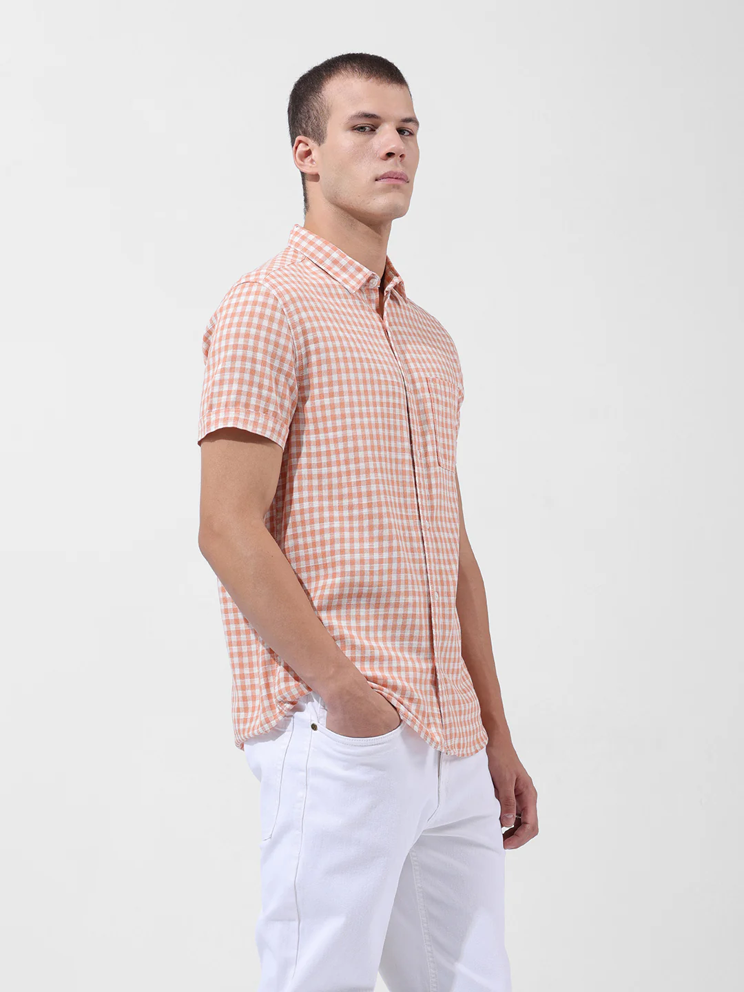 Men's Orange Slim Fit Checked Casual Shirt - Image 4