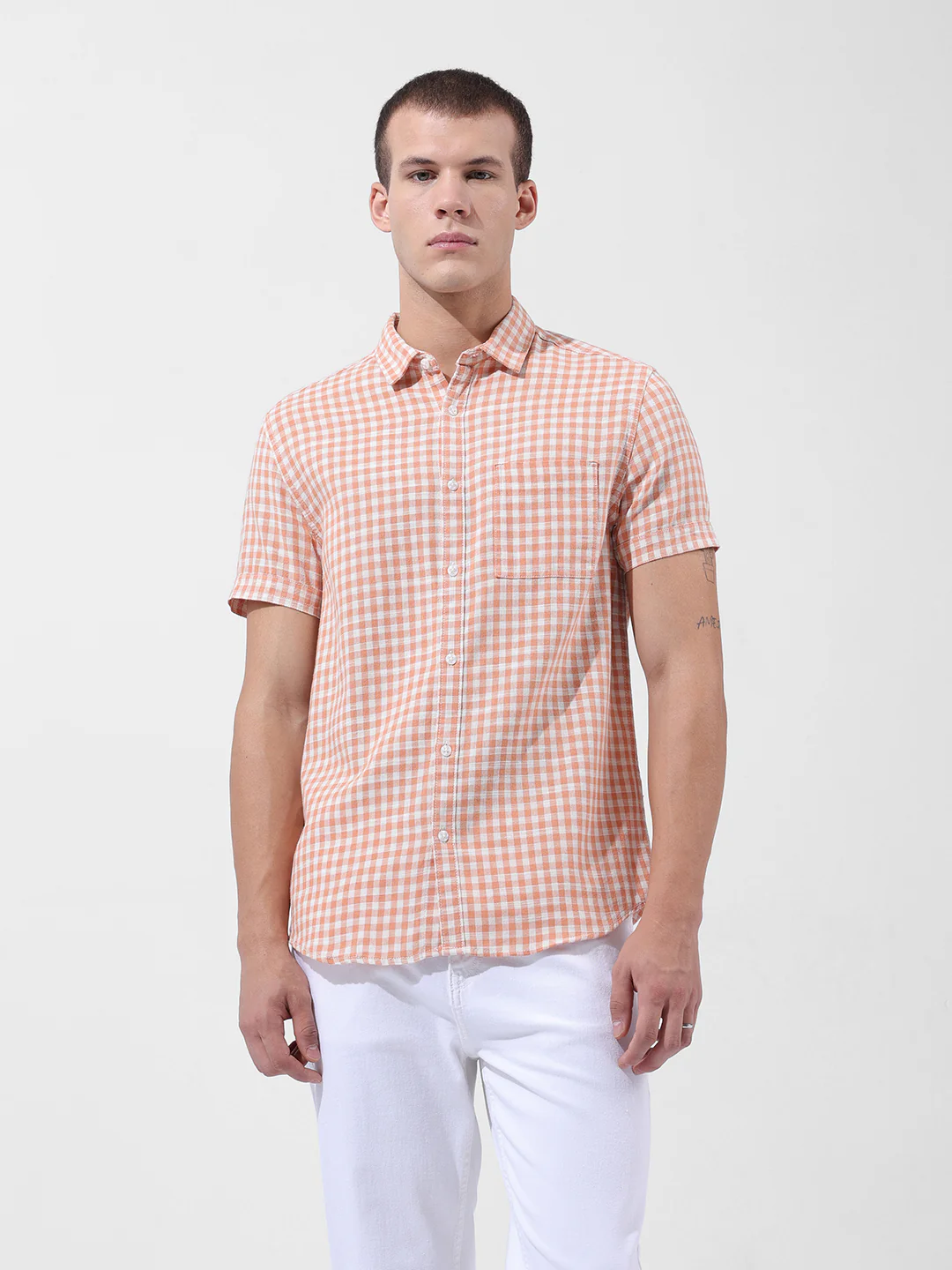 Men's Orange Slim Fit Checked Casual Shirt - Image 6