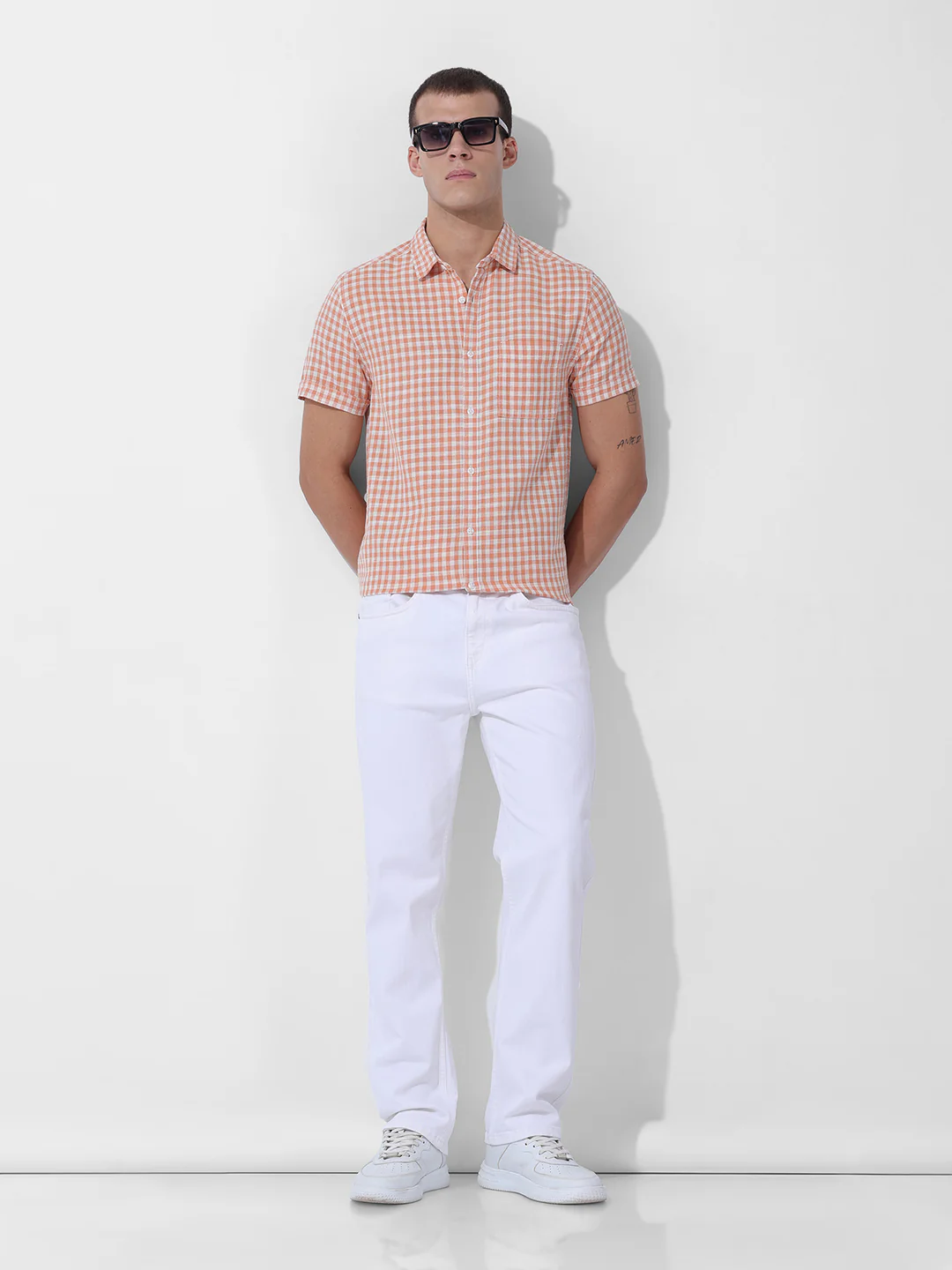 Men's Orange Slim Fit Checked Casual Shirt - Image 7