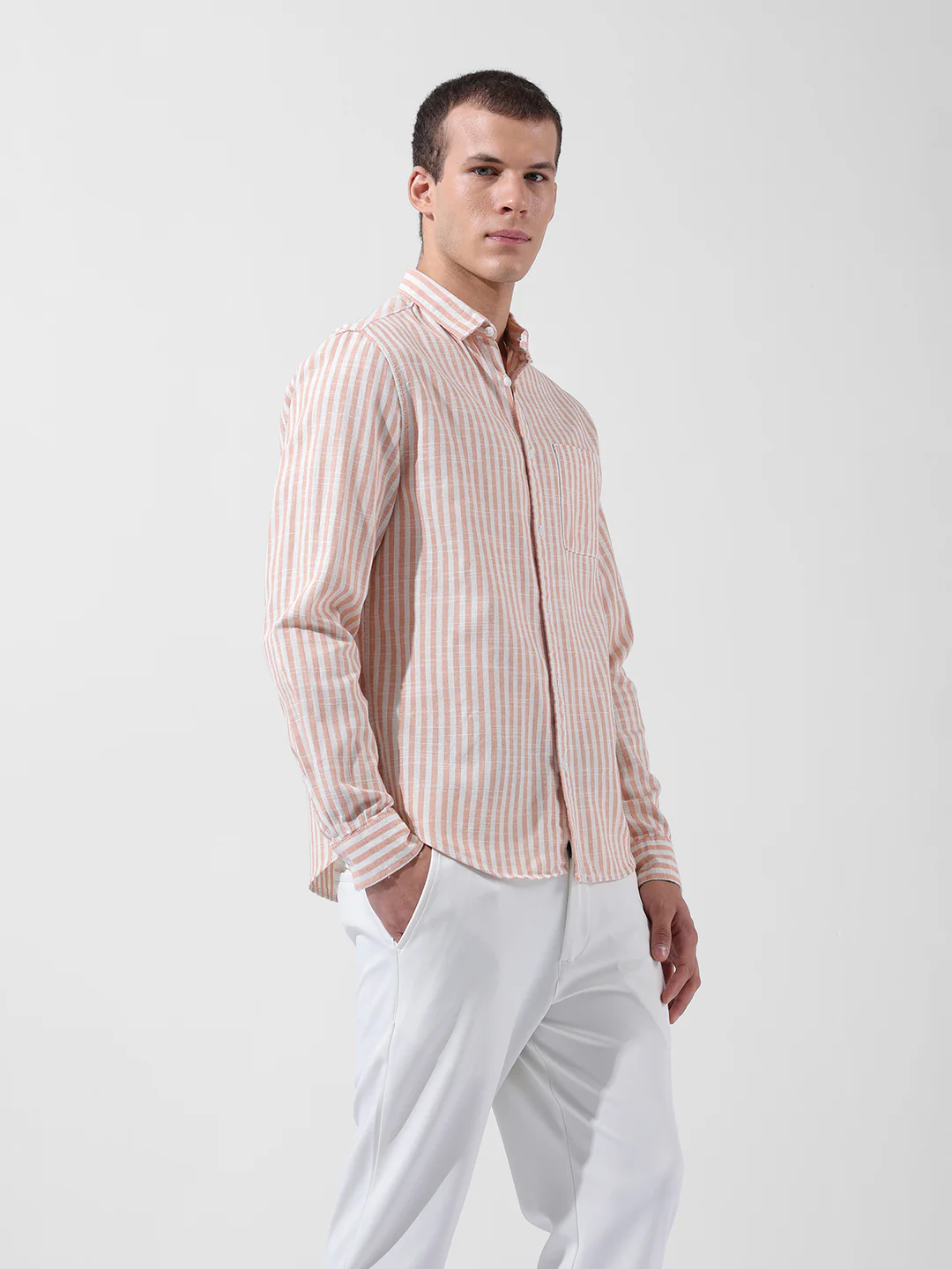 Men's Orange Slim Fit Striped Casual Shirt - Image 2