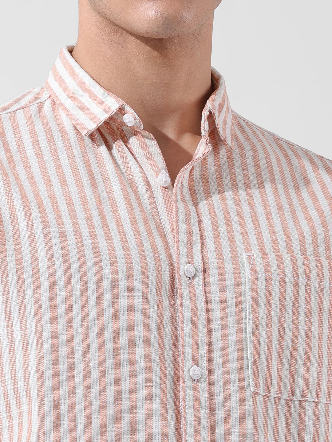 Men's Orange Slim Fit Striped Casual Shirt - Image 3