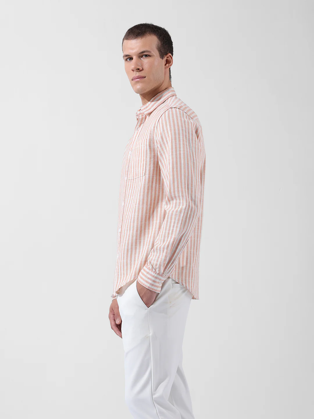 Men's Orange Slim Fit Striped Casual Shirt - Image 4
