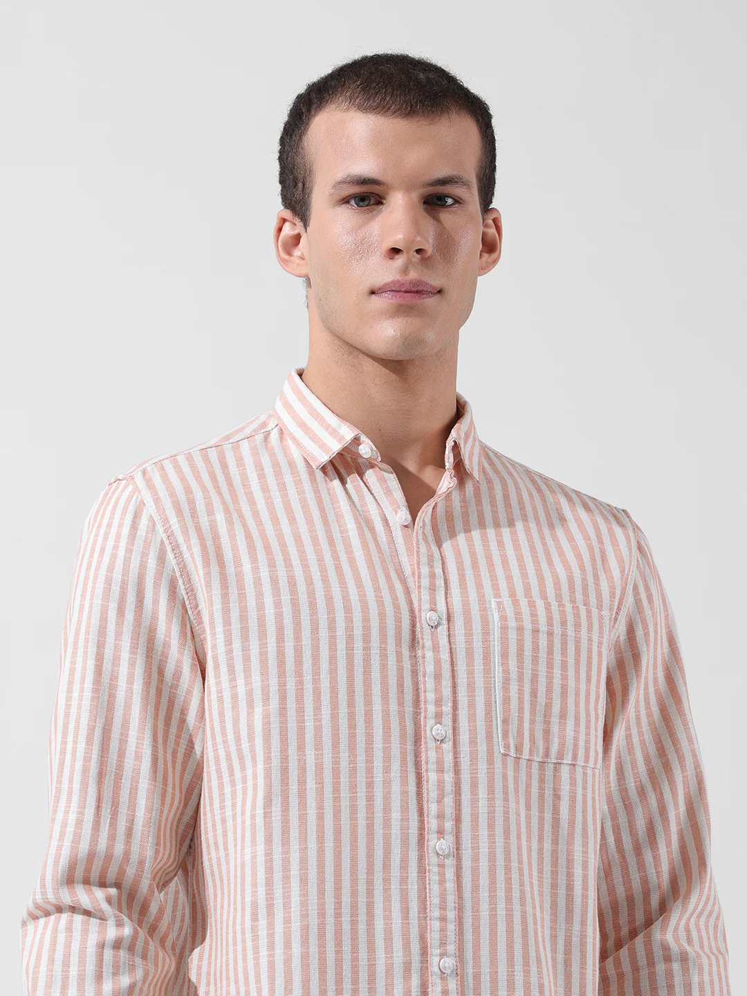 Men's Orange Slim Fit Striped Casual Shirt - Image 5