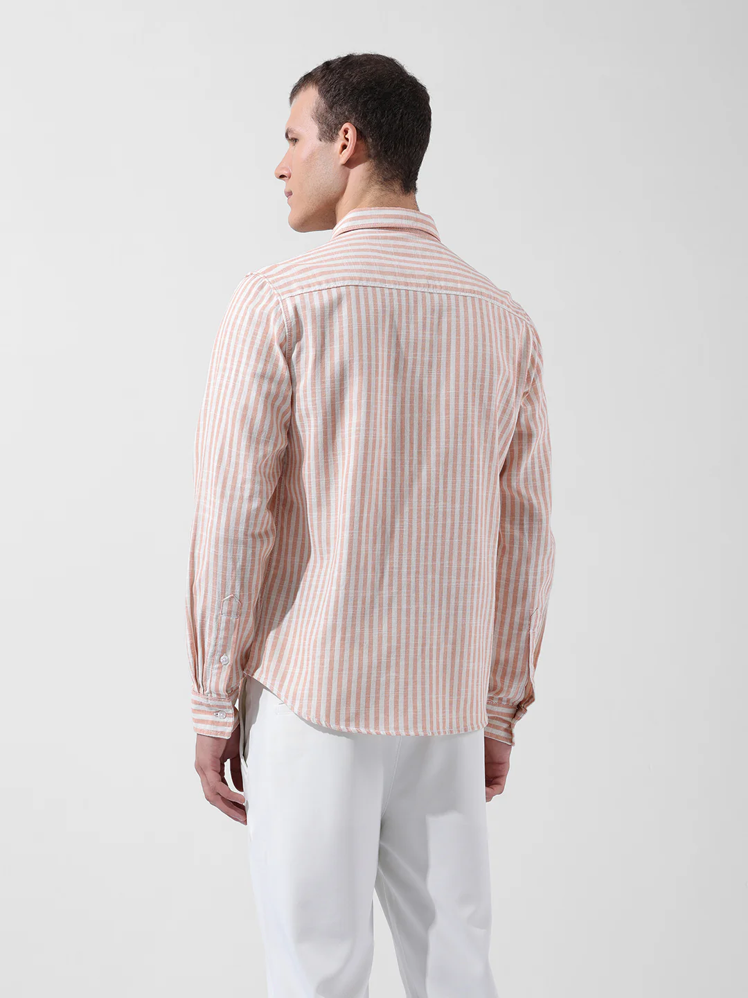 Men's Orange Slim Fit Striped Casual Shirt - Image 6
