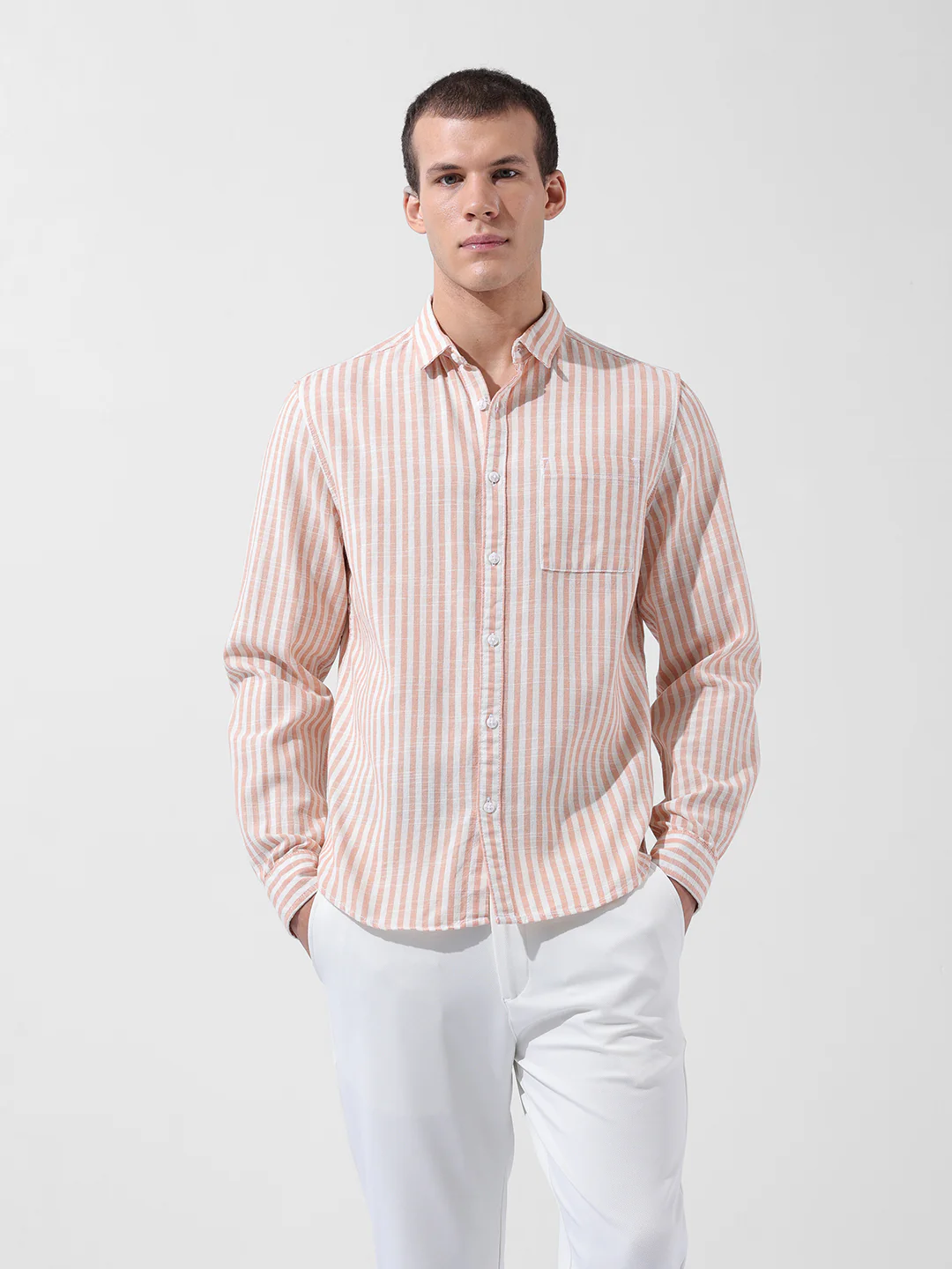 Men's Orange Slim Fit Striped Casual Shirt - Image 7