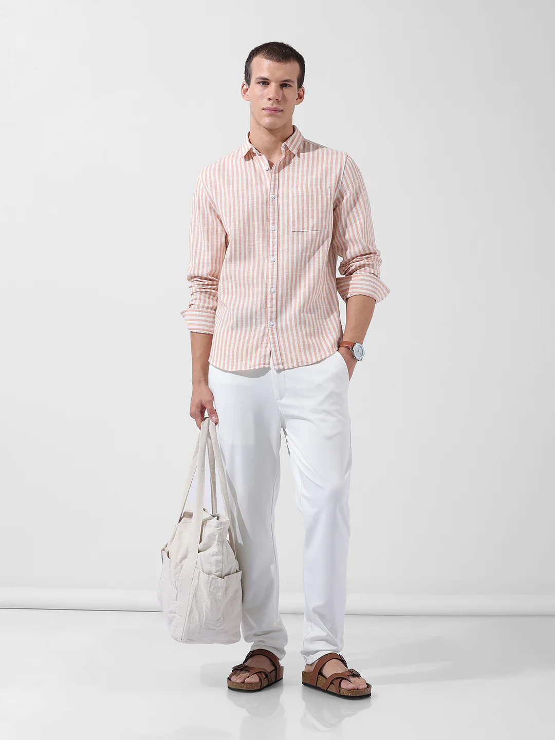 Men's Orange Slim Fit Striped Casual Shirt - Image 8