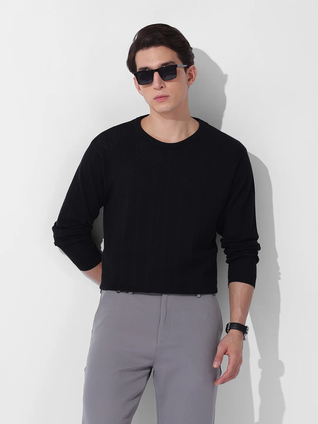 Men's Black Slim Fit Solid Flat Knit T-Shirt - Image 2