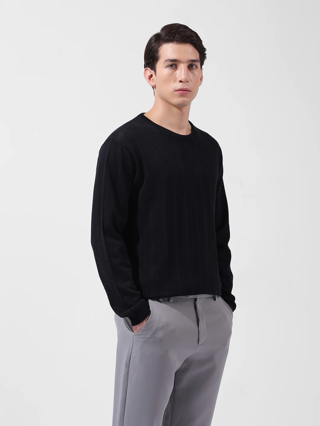 Men's Black Slim Fit Solid Flat Knit T-Shirt - Image 4