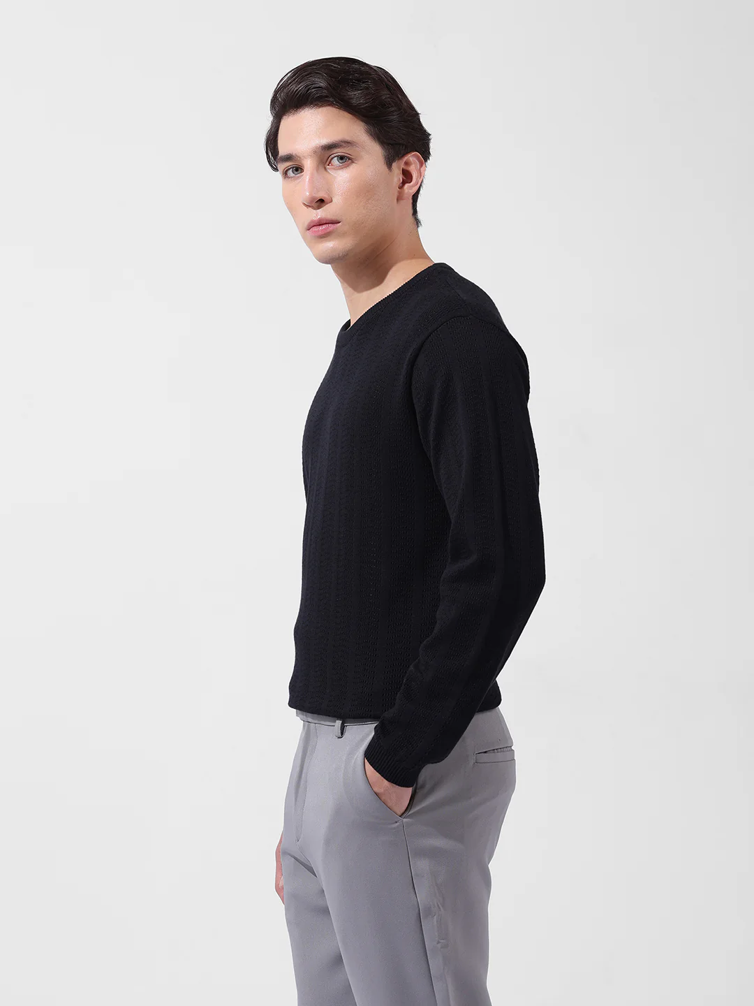 Men's Black Slim Fit Solid Flat Knit T-Shirt - Image 5
