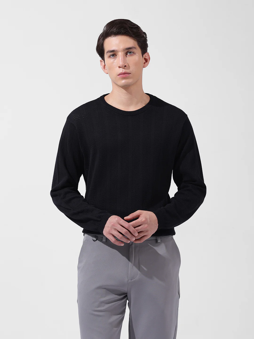 Men's Black Slim Fit Solid Flat Knit T-Shirt - Image 8
