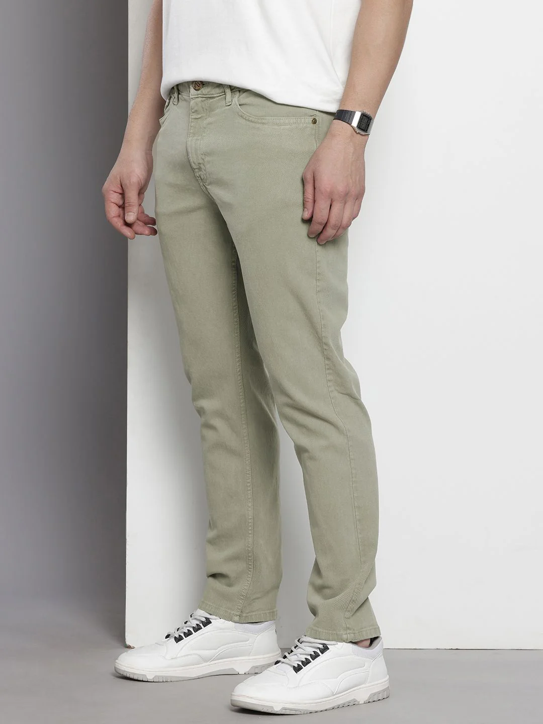 Men's Sage Green Slim Fit Solid Casual Jeans - Image 2