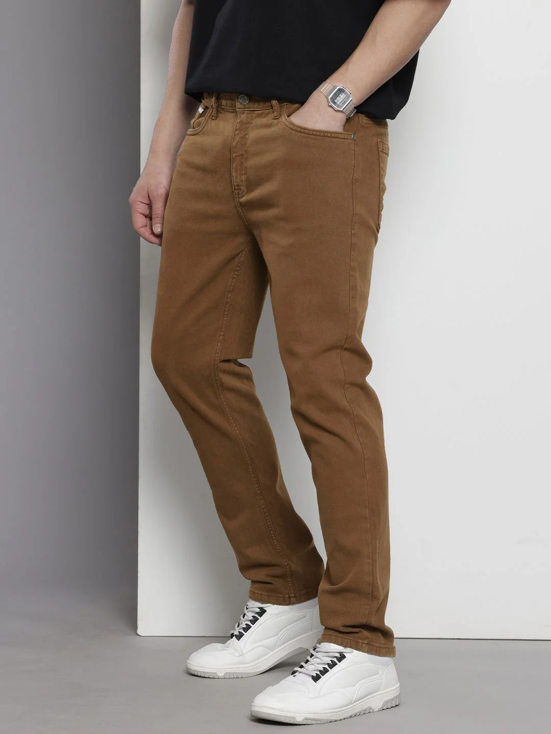 Men's Brown Slim Fit Solid Casual Jeans - Image 2
