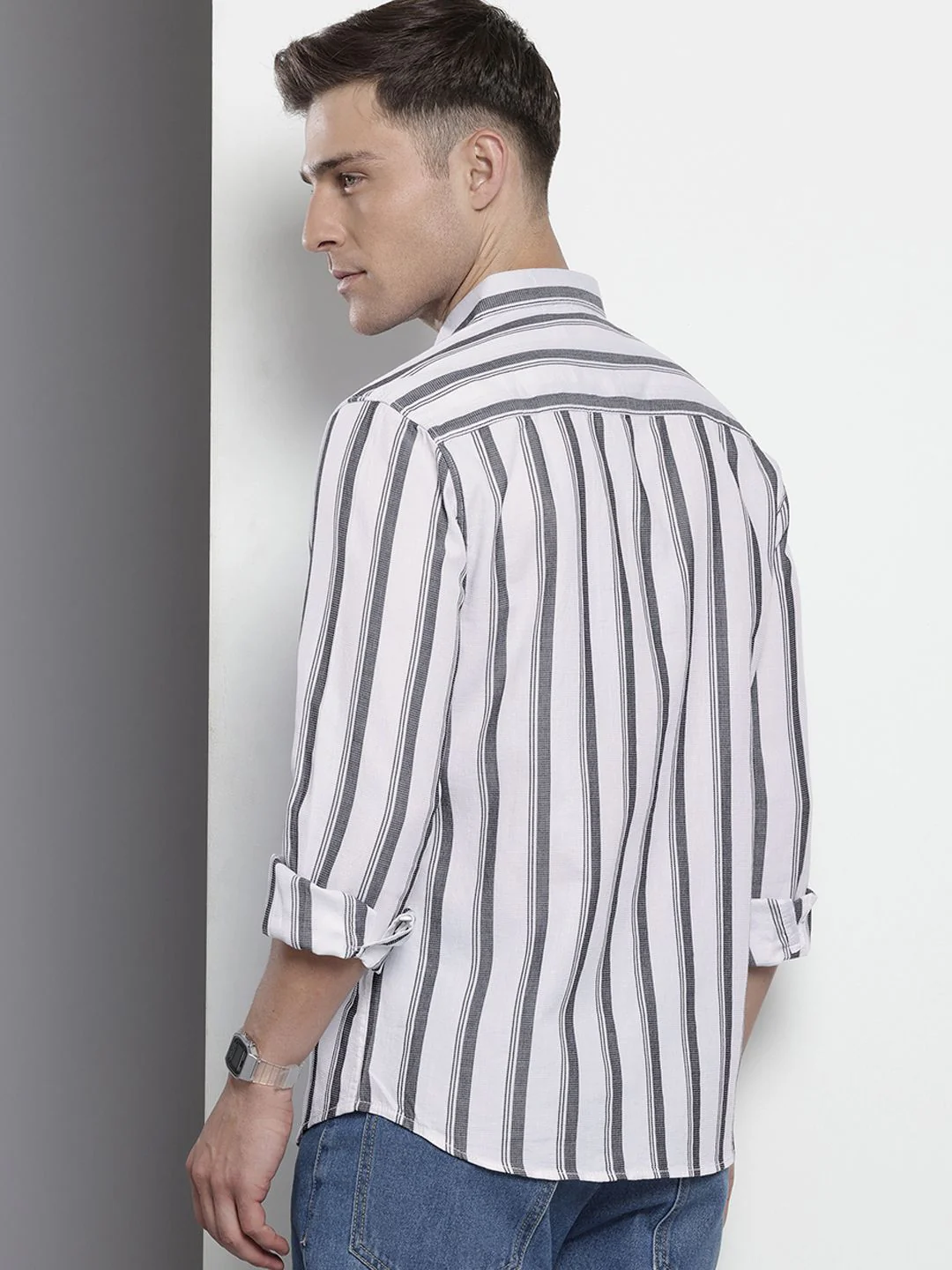 Men's White Slim Fit Striped Casual Shirt - Image 4
