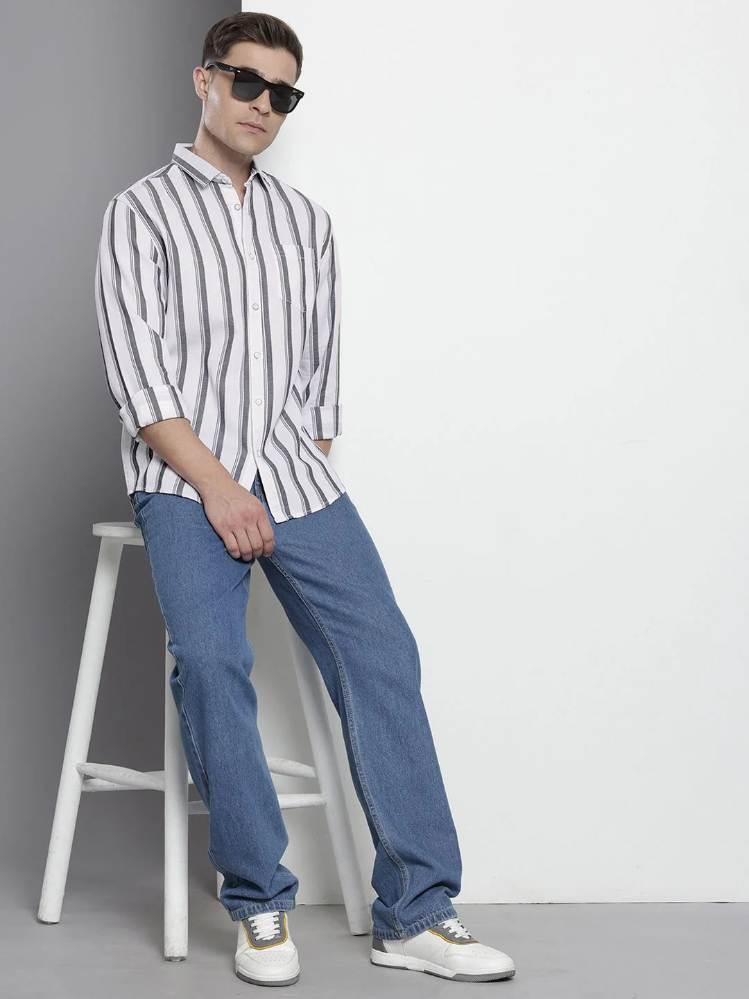 Men's White Slim Fit Striped Casual Shirt - Image 5