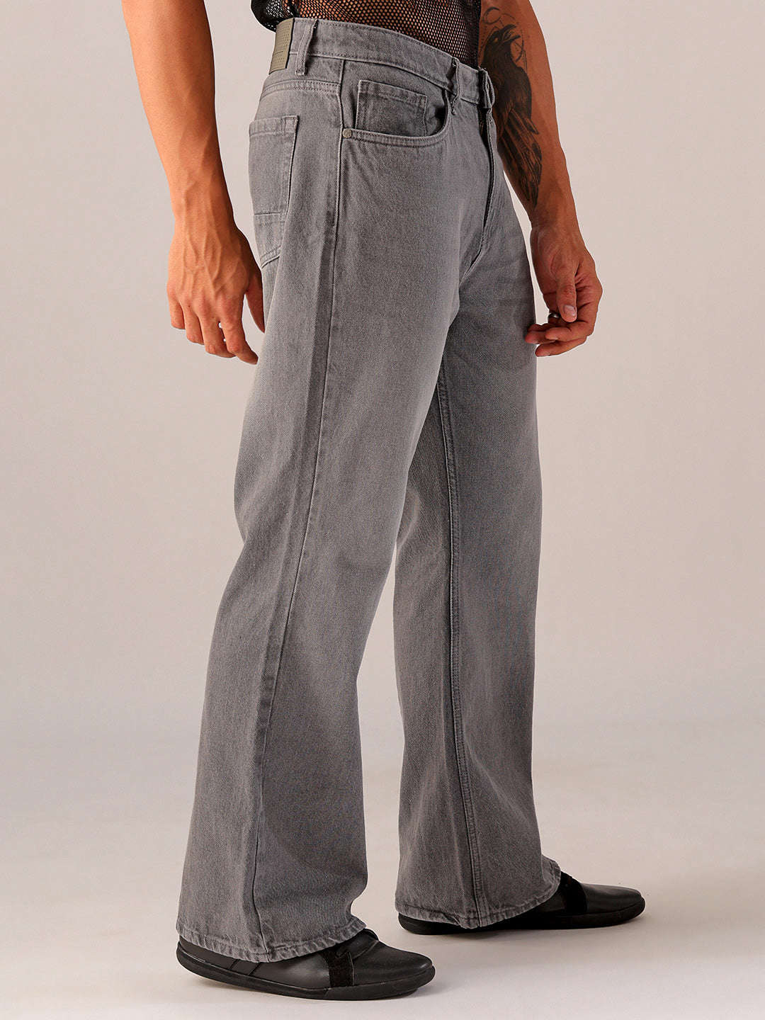 Men's Grey Loose Fit Solid Street Wear Jeans - Image 3