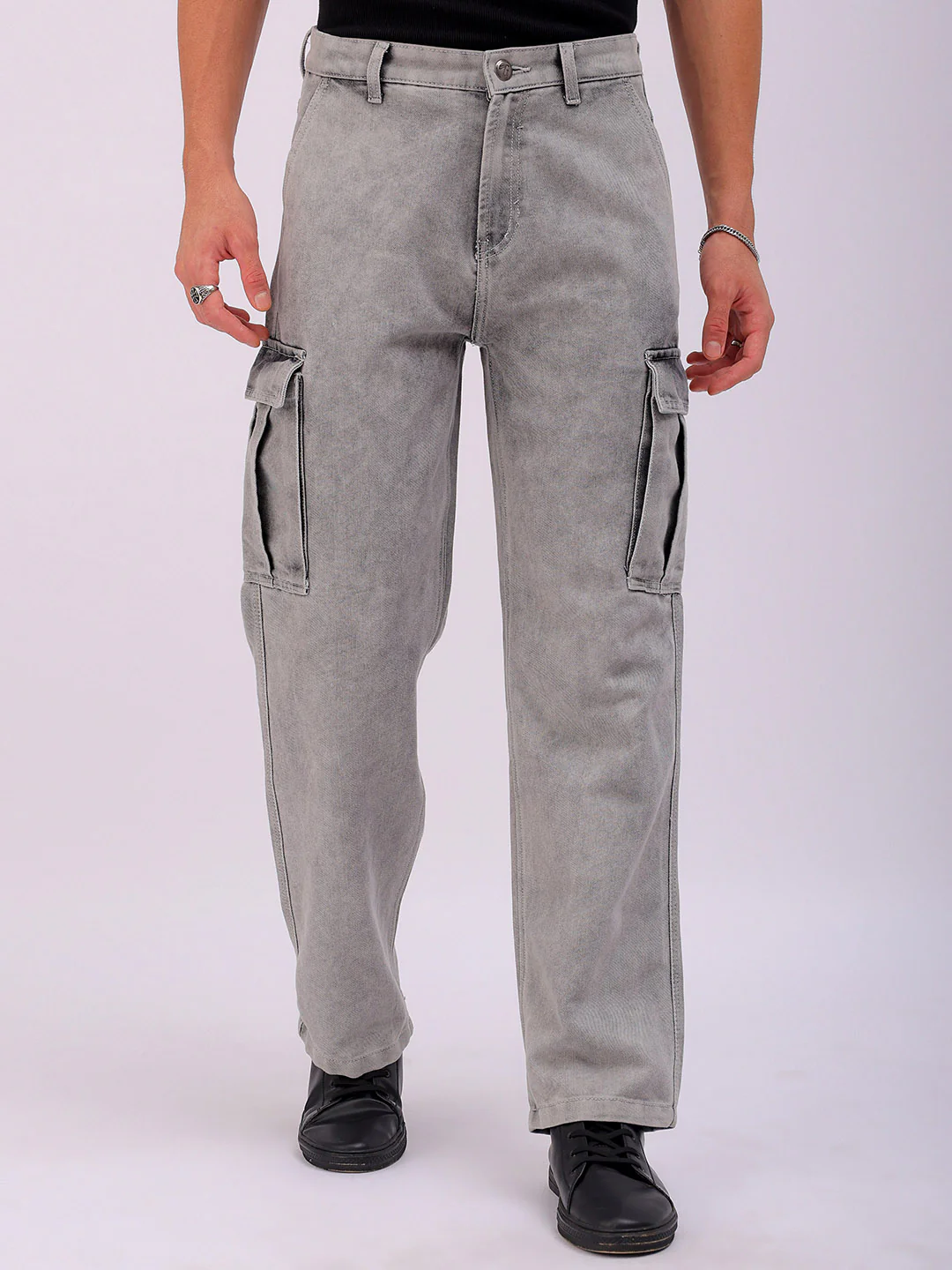 Men's Light Grey Relaxed Fit Solid Street Wear Jeans - Image 2