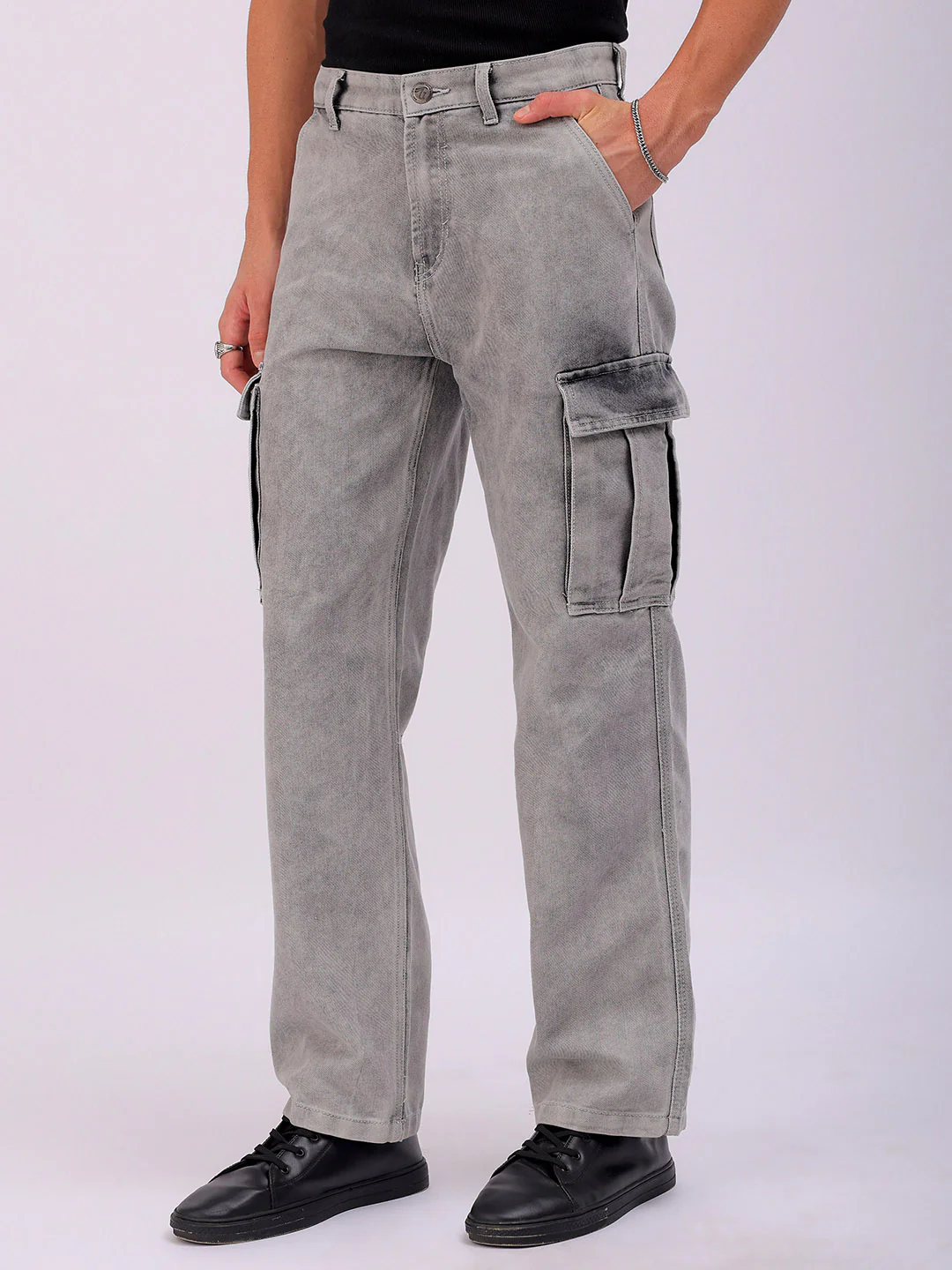Men's Light Grey Relaxed Fit Solid Street Wear Jeans - Image 4