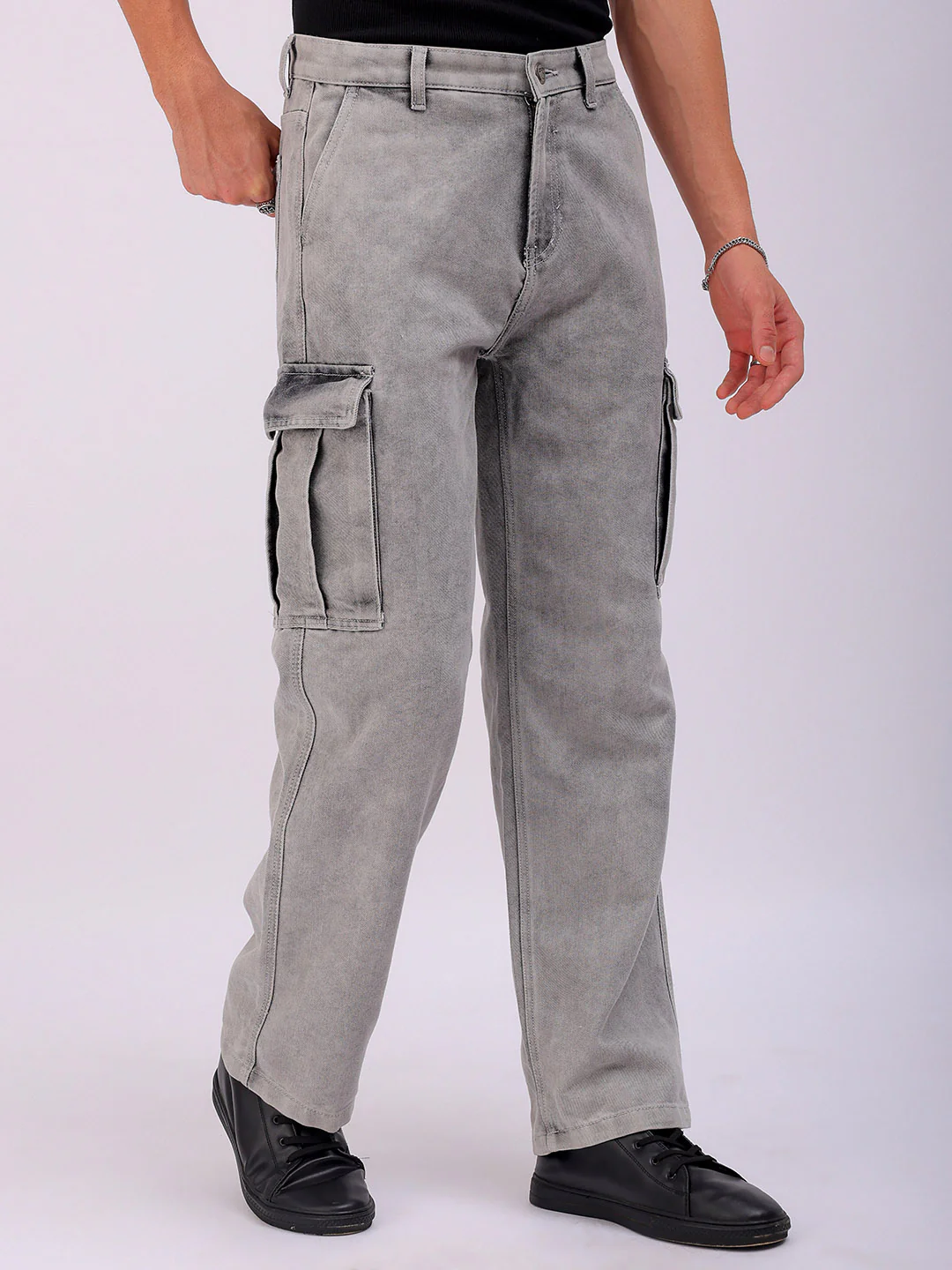 Men's Light Grey Relaxed Fit Solid Street Wear Jeans - Image 5