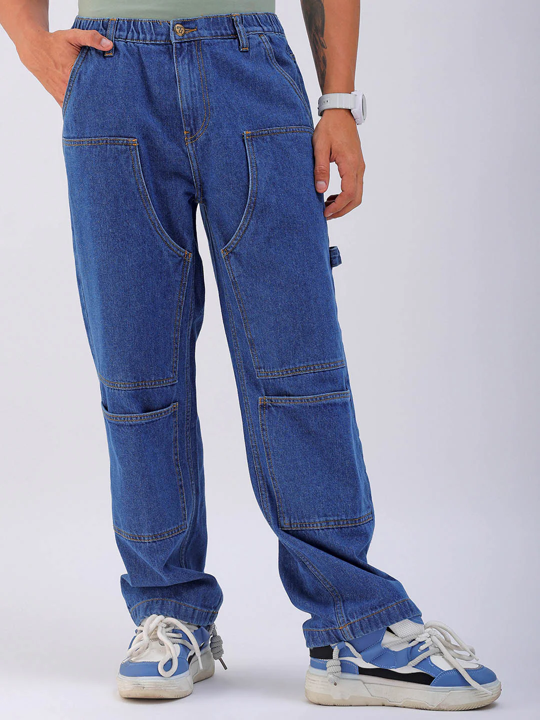 Men's Blue Relaxed Fit Solid Utility Jeans - Image 2