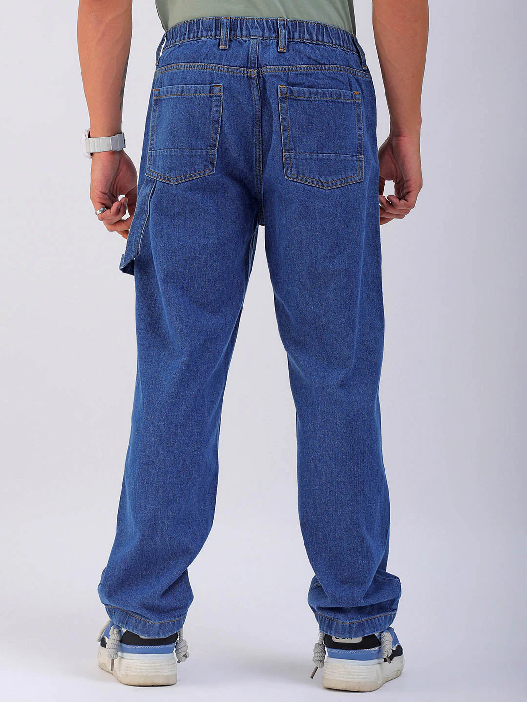 Men's Blue Relaxed Fit Solid Utility Jeans - Image 3