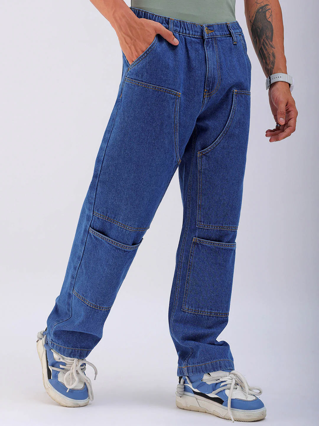 Men's Blue Relaxed Fit Solid Utility Jeans - Image 5