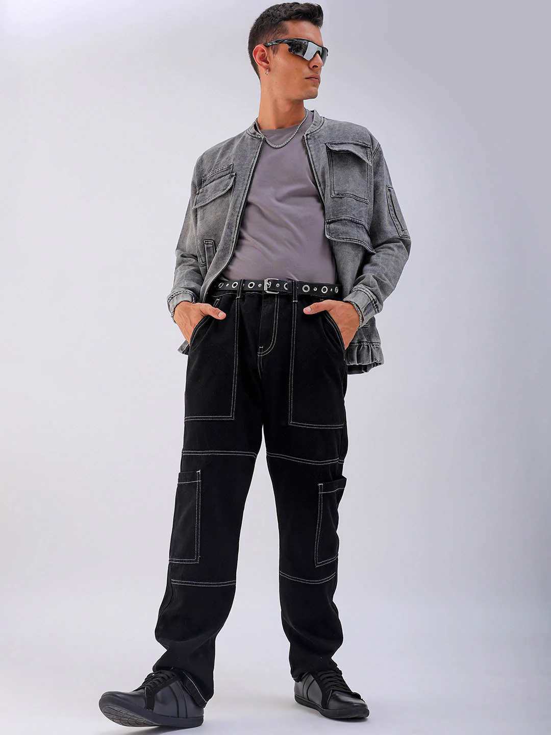 Men's Black Dad Fit Solid Utility Jeans - Image 8
