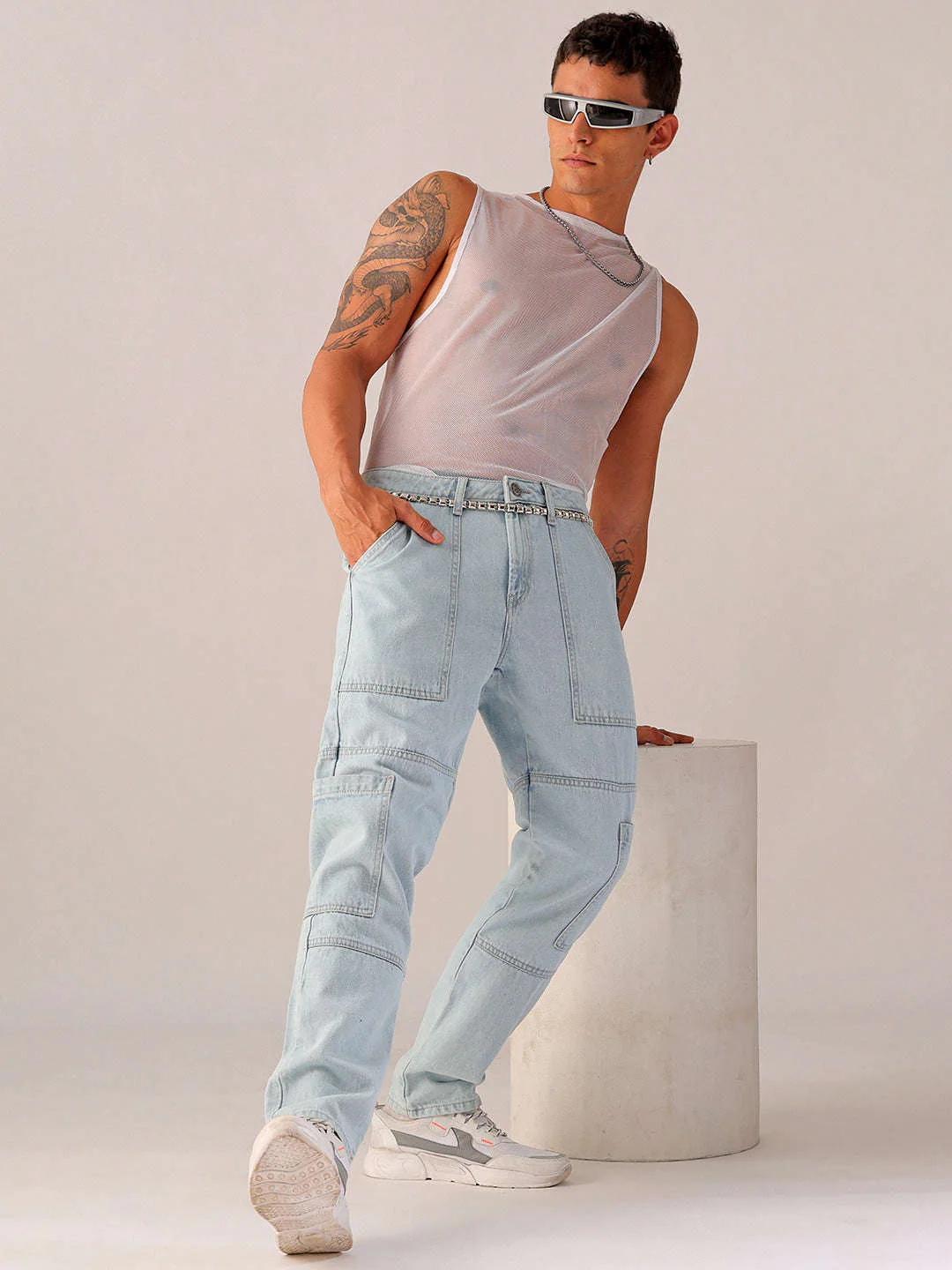 Men's Blue Dad Fit Solid Utility Jeans - Image 2