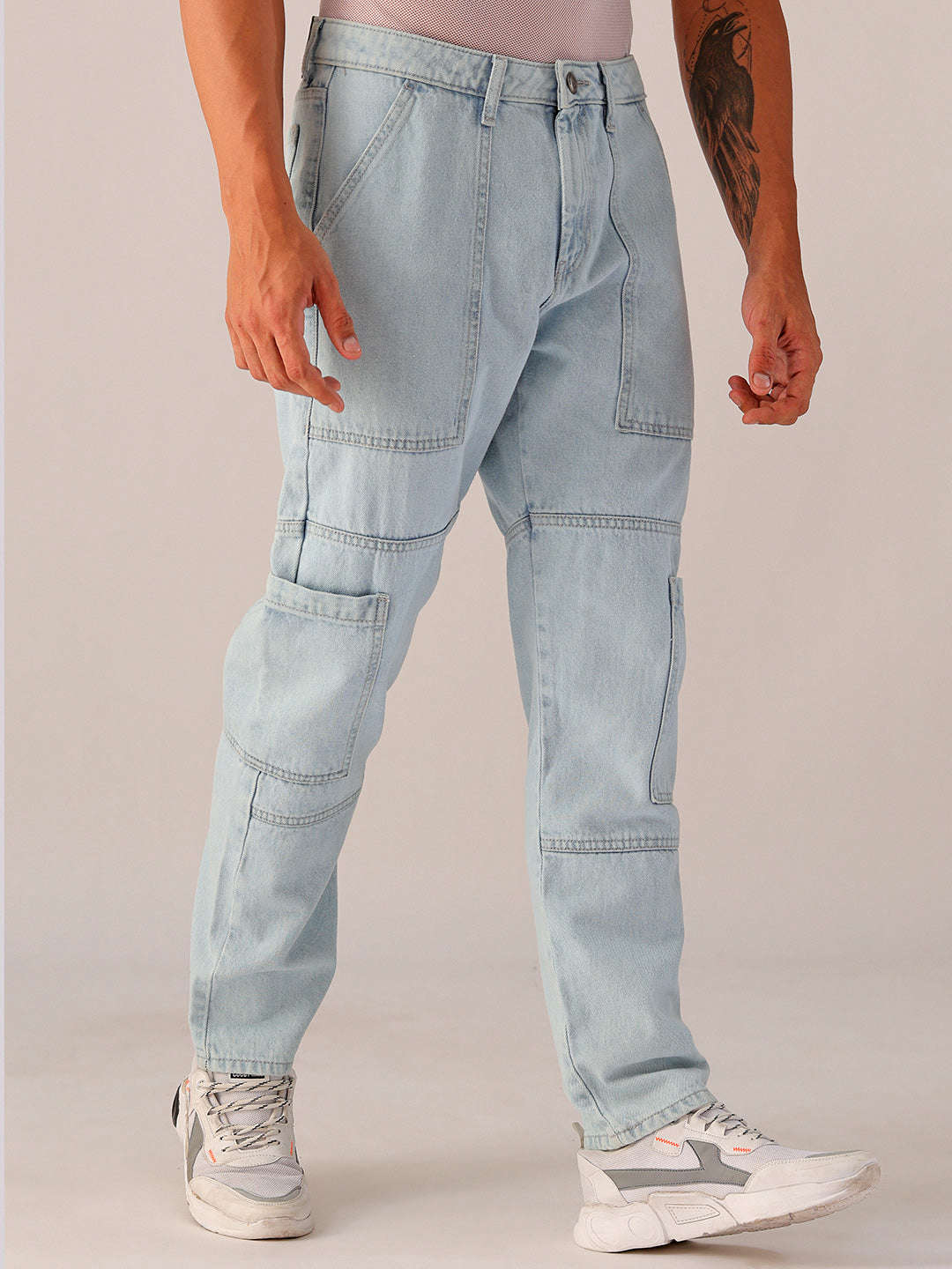 Men's Blue Dad Fit Solid Utility Jeans - Image 4