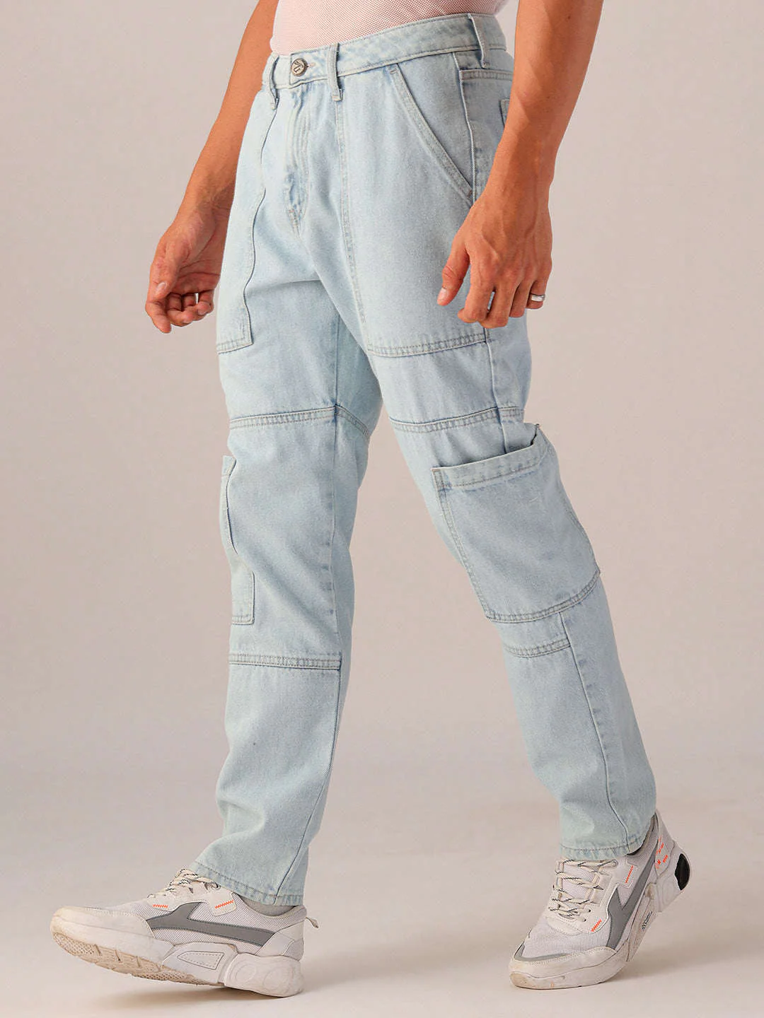 Men's Blue Dad Fit Solid Utility Jeans - Image 5