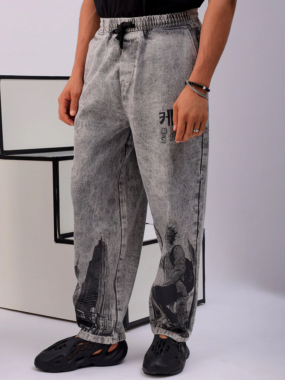 Men's Light Grey Loose Fit Solid Street Wear Jeans - Image 5