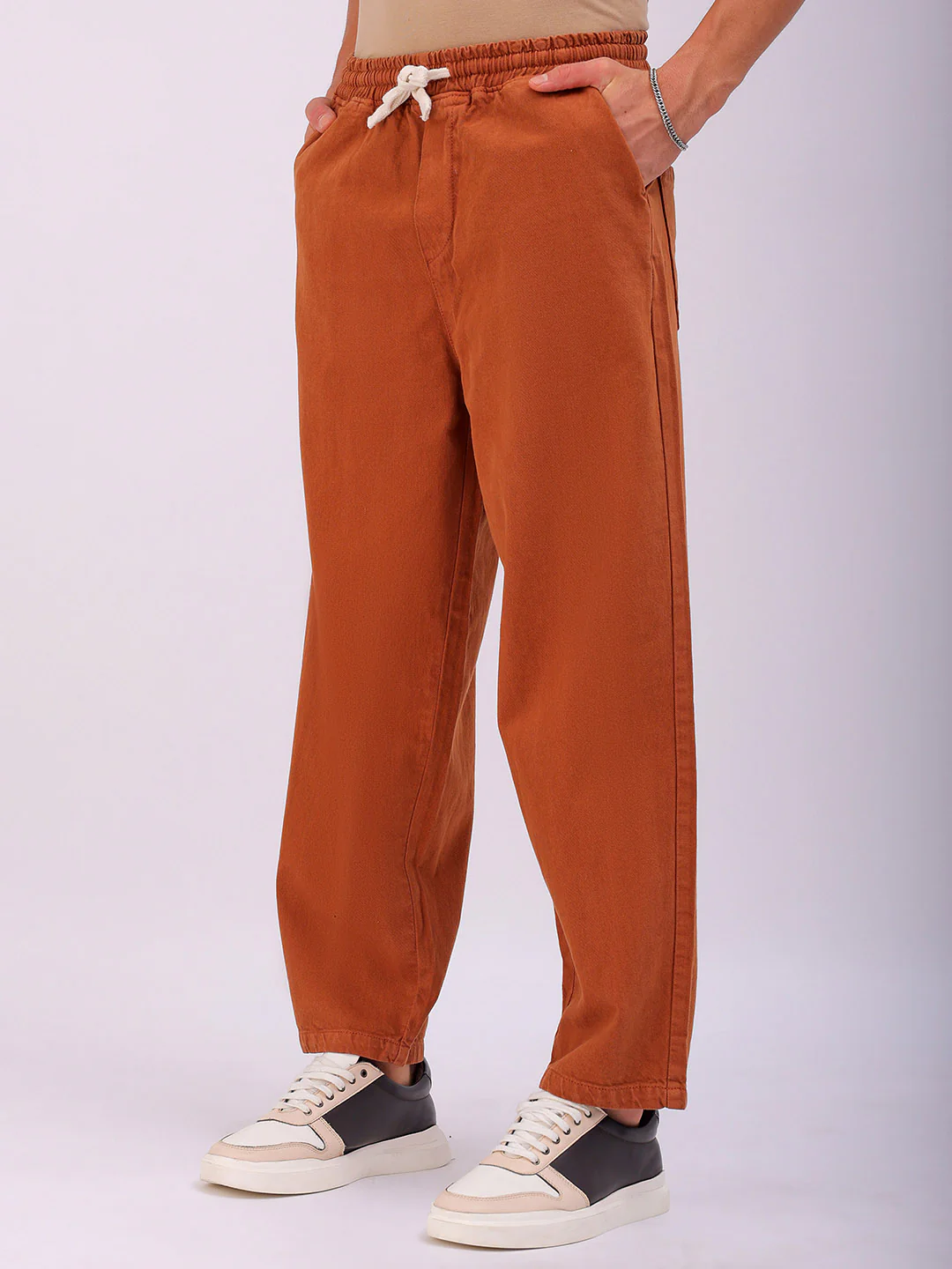 Men's Tan Loose Fit Solid Street Wear Jeans - Image 4