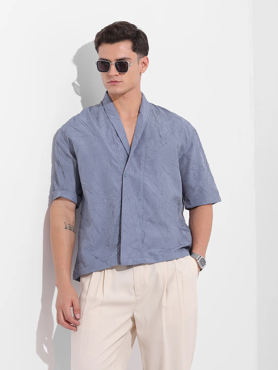 Men's Steel Grey Relaxed Fit Textured Party Wear Shirt