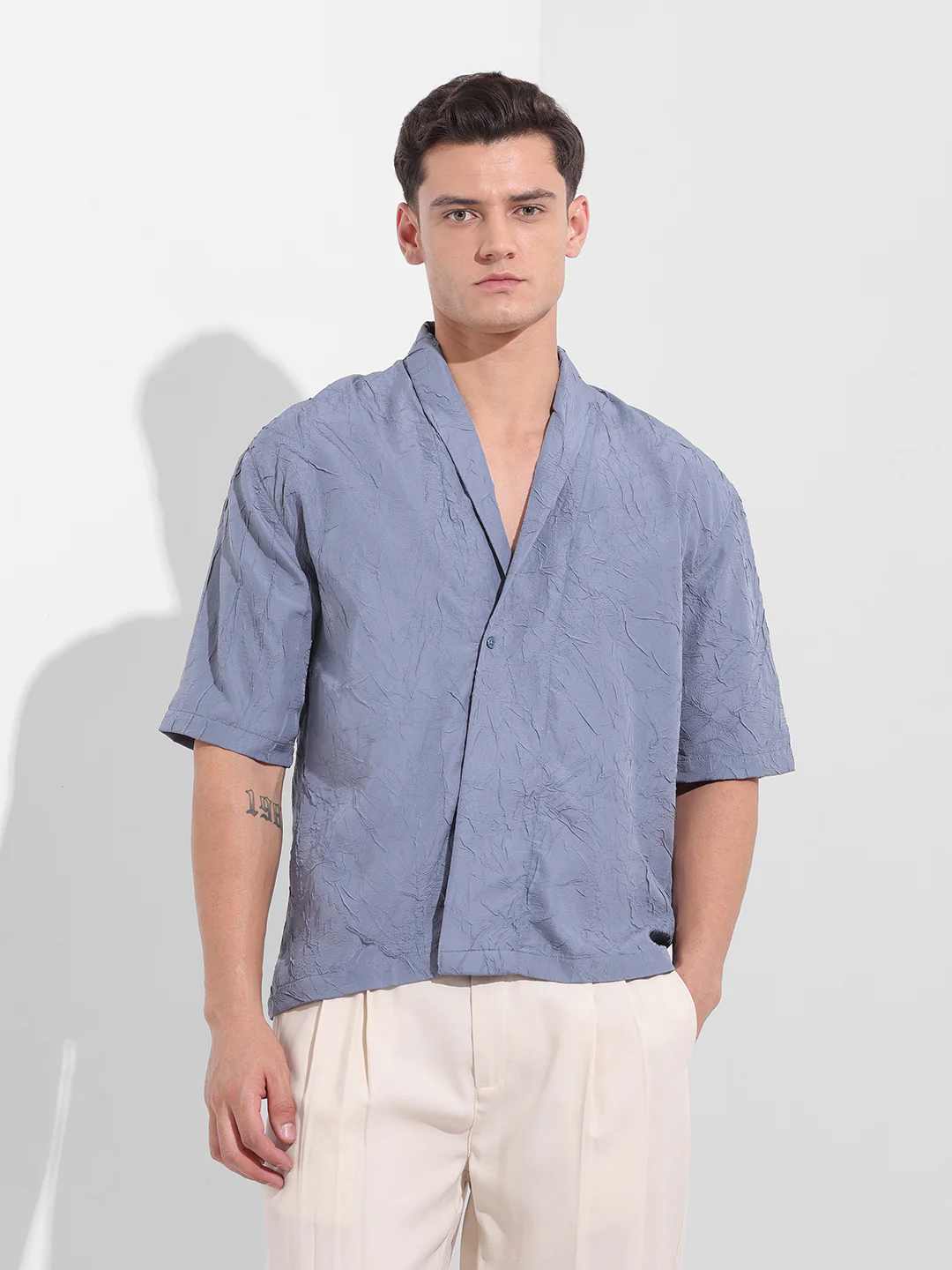 Men's Steel Grey Relaxed Fit Textured Party Wear Shirt - Image 7