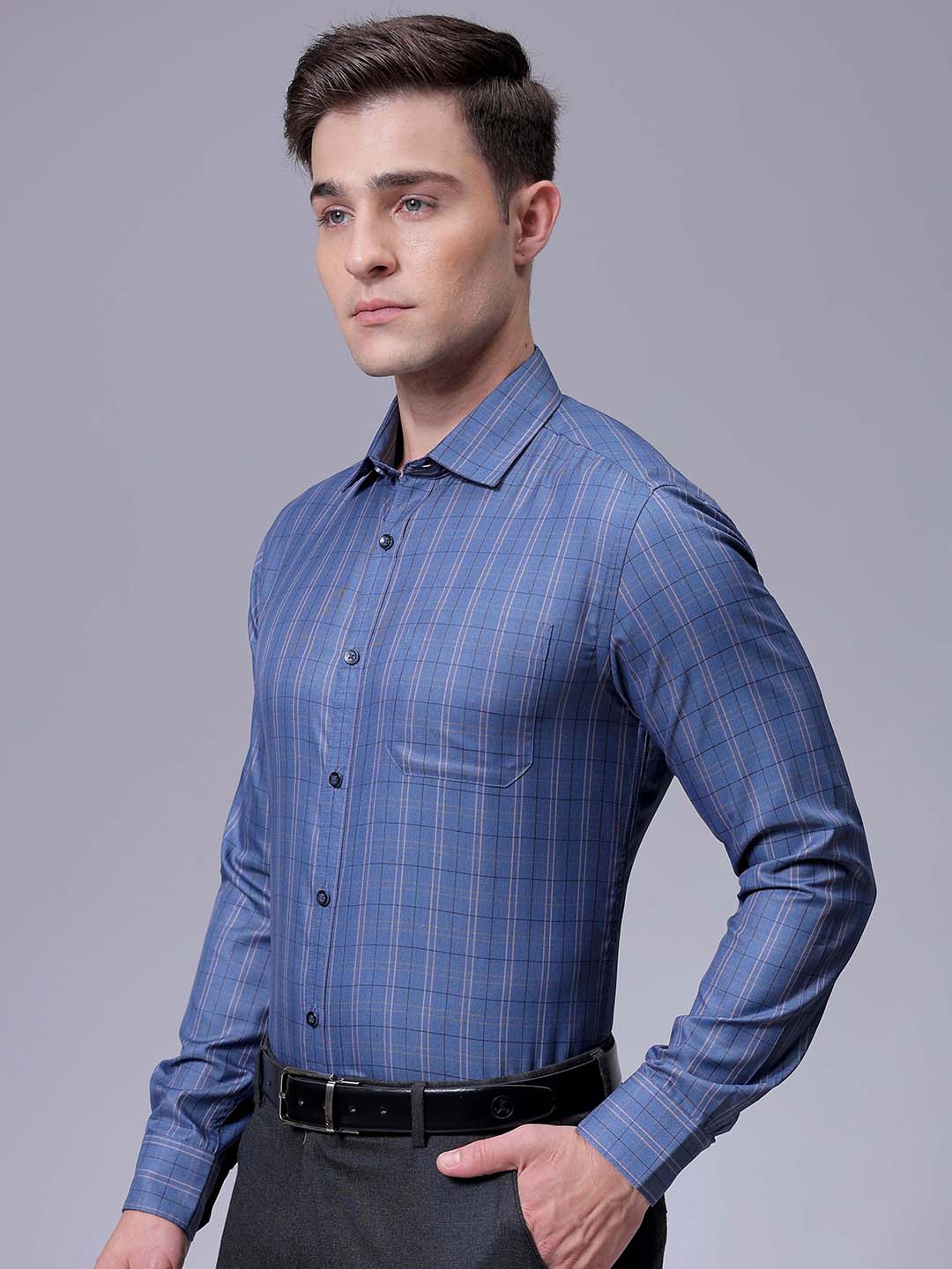 Men's Blue Slim Fit Checked Formal Shirt - Image 2