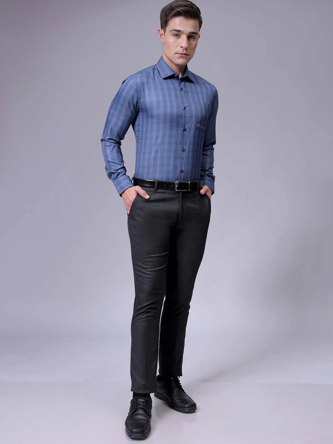 Men's Blue Slim Fit Checked Formal Shirt - Image 3
