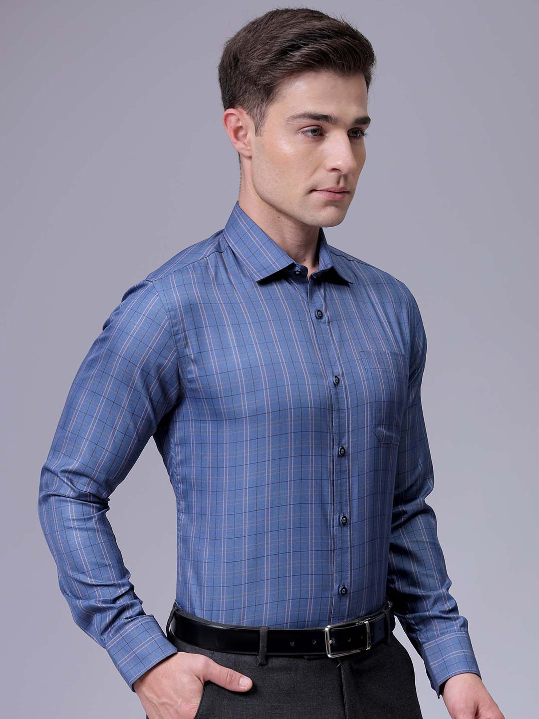 Men's Blue Slim Fit Checked Formal Shirt - Image 4